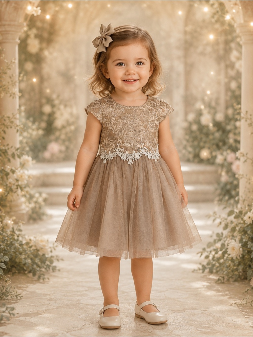 Rare Editions Girls 2T Taupe Lace Tulle Dress + Hair Bow EUC
